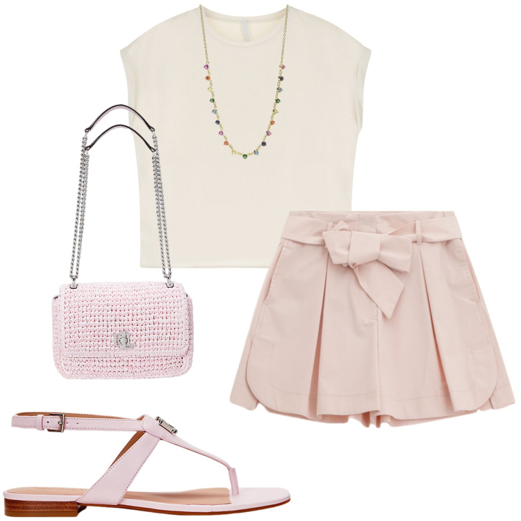 Outfit donna - Imperial Summer Sale. Stile Casual chic per Serata fuori. Abbinamento con collane, shorts, t-shirt, sandali in pelle, borse a spalla.