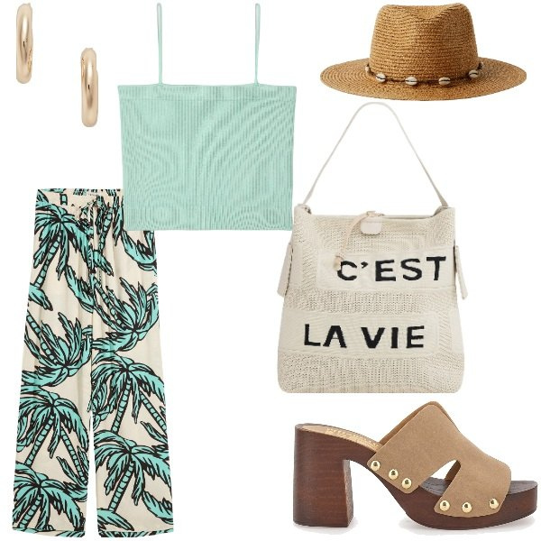 Outfit donna - Outifit di luglio. Stile Casual per Tutti i giorni. Abbinamento con pantaloni, canottiere, borse a mano, cappelli, orecchini, sabot.