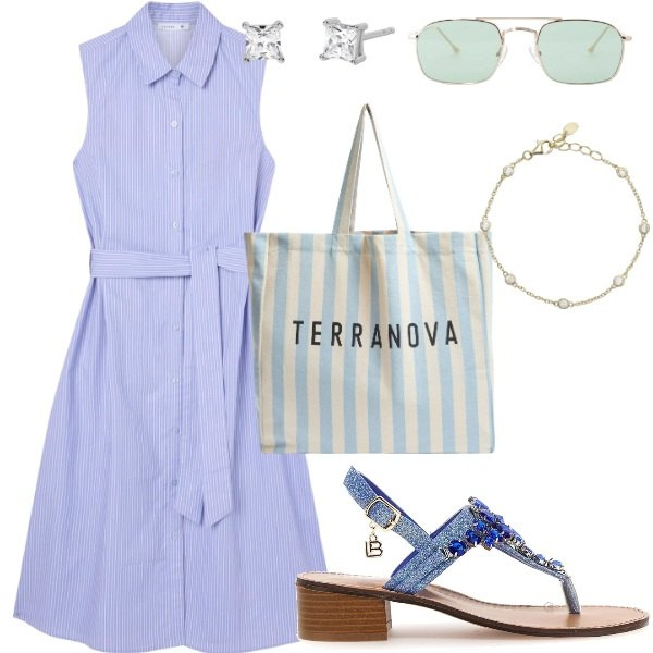 Outfit donna - Outifit di luglio. Stile Casual per Tutti i giorni. Abbinamento con vestiti chemisier, borse tote, braccialetti, orecchini, occhiali da sole, sandali gioiello.