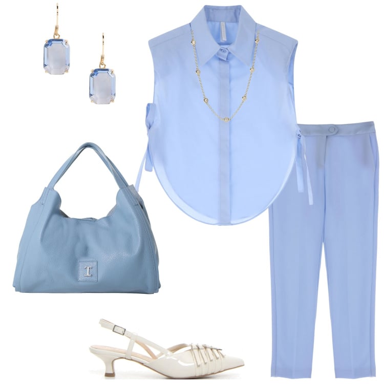 Outfit donna - Imperial Summer Sale. Stile Casual chic per Ufficio. Abbinamento con collane, camicie, pantaloni, pochette, orecchini, décolleté.