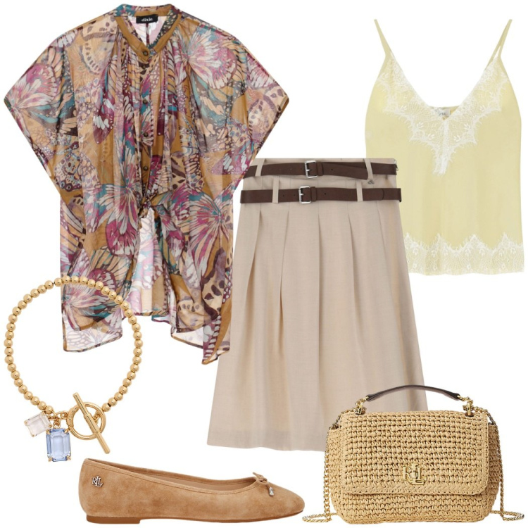 Outfit donna - Stile unico. Stile Casual chic per Tutti i giorni. Abbinamento con camicie a manica corta, gonne, top, ballerine, braccialetti, borse a spalla.