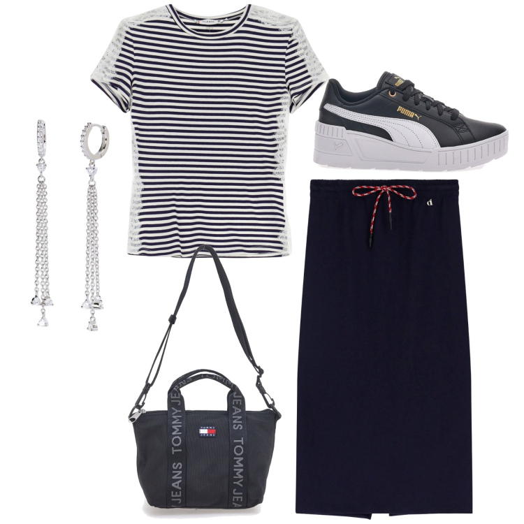 Outfit donna - Total look #2195961. Stile Sporty chic per Tutti i giorni. Abbinamento con orecchini, t-shirt, gonne longuette, sneakers, borse a tracolla.
