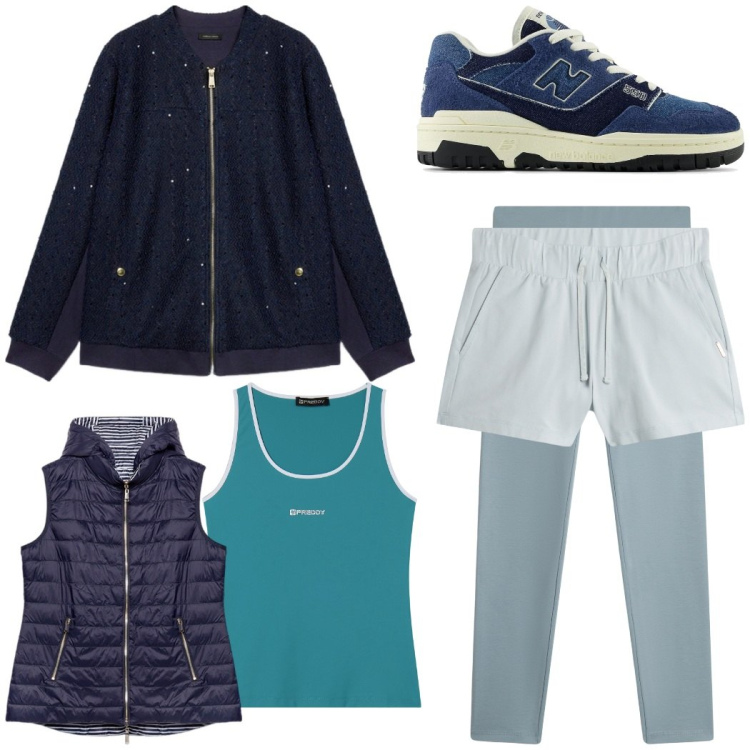 Outfit donna - Sovrapposizioni per la montagna. Stile Sporty chic per Tutti i giorni. Abbinamento con sneakers, leggings, pantaloncini sportivi, canottiere, piumini, felpe.
