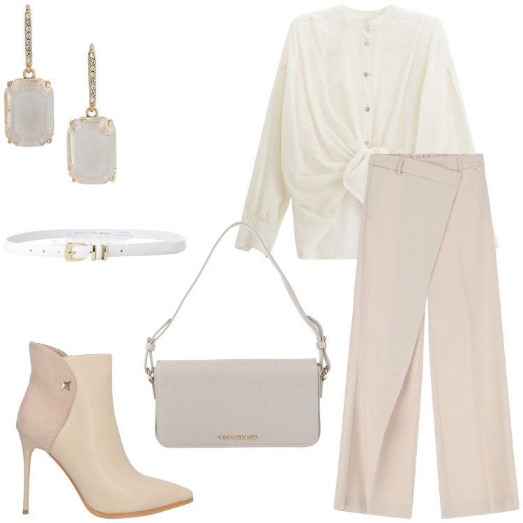 Outfit donna - Outfit nude. per Tutti i giorni. Abbinamento con stivaletti, borse a mano, pantaloni, cinture, camicie, orecchini.