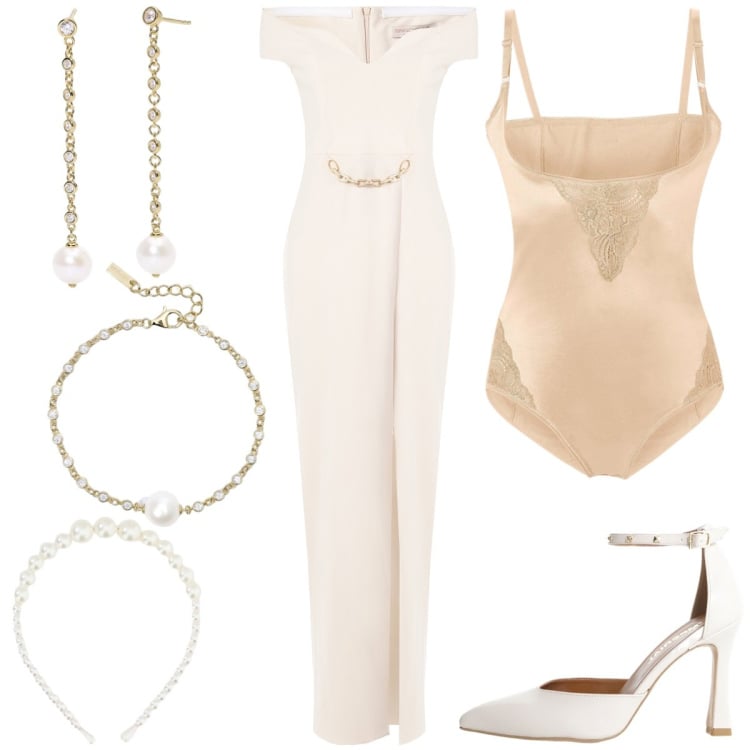 Outfit donna - Sposa di luglio. Stile Chic per Cerimonia. Abbinamento con body, braccialetti, orecchini, vestiti lunghi, décolleté, cerchietti.