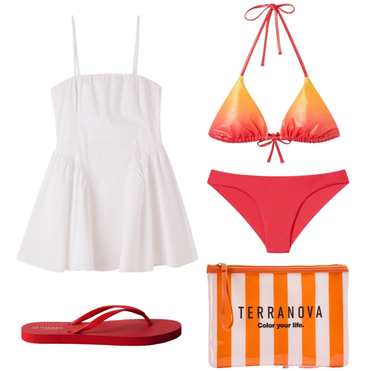 Outfit donna - Summertime. Stile Glamour per Mare. Abbinamento con bikini, bikini, vestiti corti, infradito, pochette.