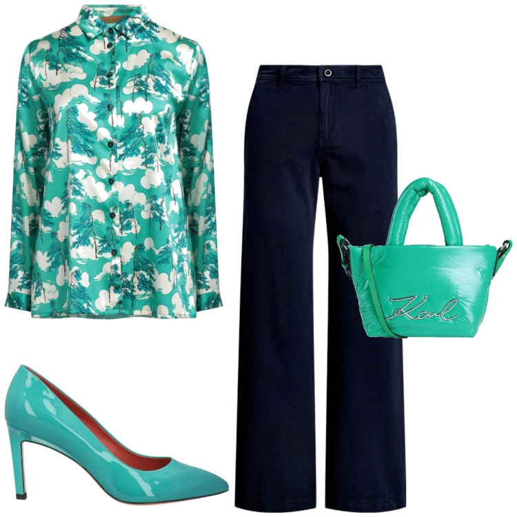 Outfit donna - Verde ottanio. Stile Casual chic per Scuola/Università. Abbinamento con borse a mano, camicie, décolleté, pantaloni.