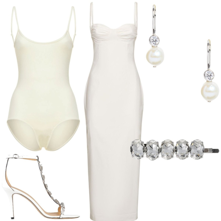 Outfit donna - Sposa di luglio. Stile Chic per Cerimonia. Abbinamento con sandali in pelle, orecchini, body, vestiti midi/longuette, accessori per capelli.