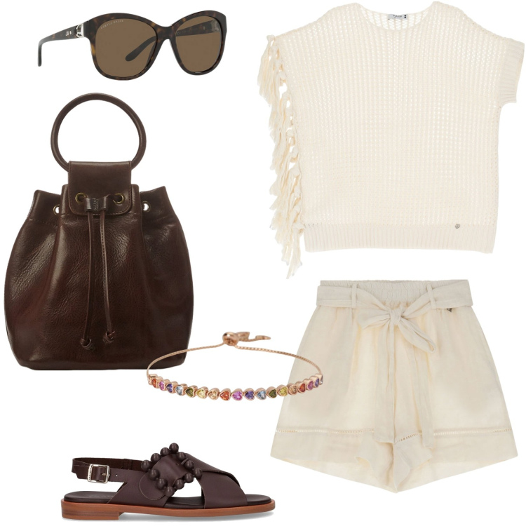 Outfit donna - Beige chiaro: eleganza estiva. Stile Trendy per Tutti i giorni. Abbinamento con braccialetti, shorts, maglieria, occhiali da sole, borse a secchiello, sandali.