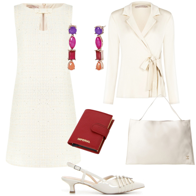Outfit donna - Beige chiaro: eleganza estiva. Stile Chic per Cerimonia. Abbinamento con orecchini, portafogli, borse a spalla, vestiti, blazer, décolleté.