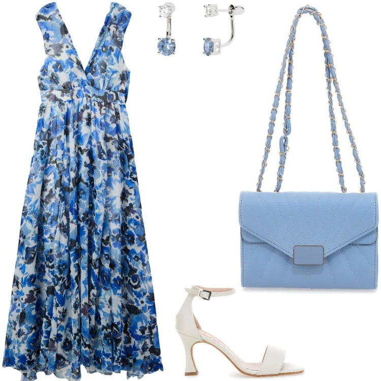 Outfit donna - Fluido leggero romantico. Stile Romantica per Serata fuori. Abbinamento con vestiti lunghi, orecchini, sandali col tacco, borse a tracolla.