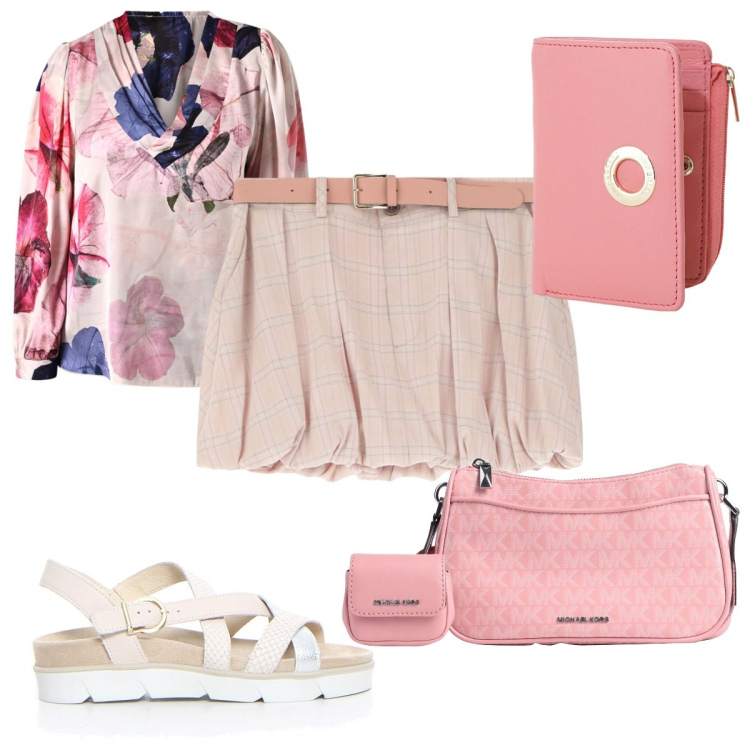 Outfit donna - I sandali in città: romantica. Stile Romantica per Tutti i giorni. Abbinamento con borse a tracolla, minigonne, portafogli, bluse, sandali.