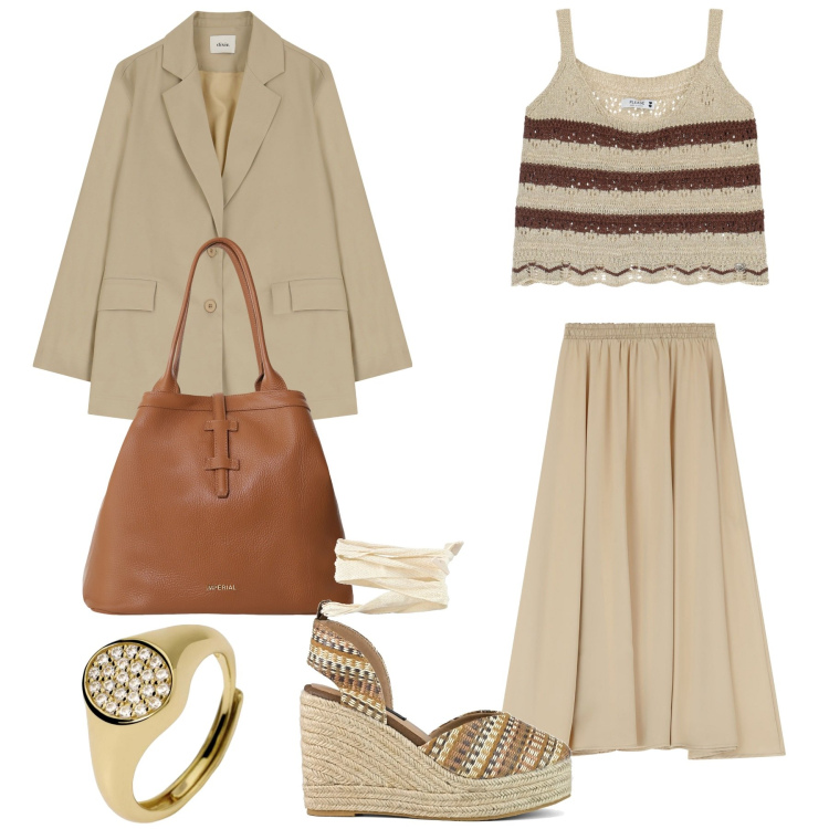 Outfit donna - Boho chic. Stile Boho per Serata fuori. Abbinamento con anelli, top, gonne lunghe, borse tote, blazer, zeppe.