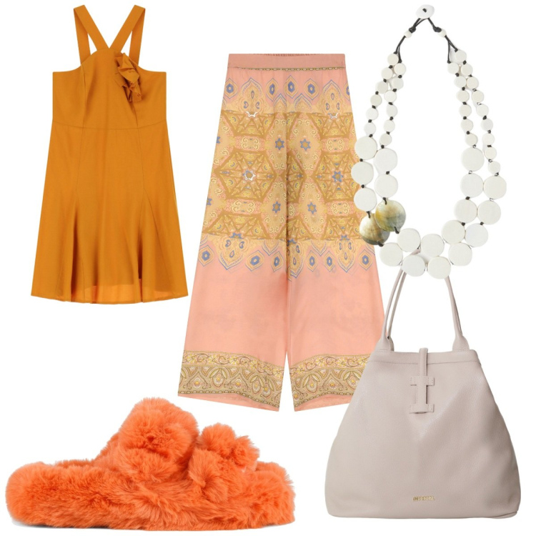 Outfit donna - Arancio uglio in stile etnico. Stile Etnico per Tutti i giorni. Abbinamento con borse tote, vestiti asimmetrici, pantaloni, ciabatte, ciondoli.