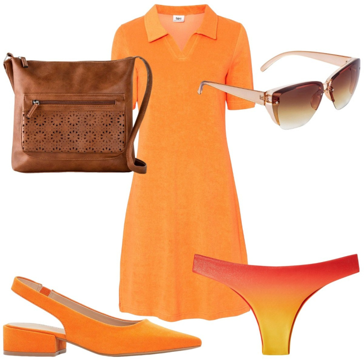 Outfit donna - Arancioluglio : colori caldi. Stile Trendy per Mare. Abbinamento con vestiti midi/longuette, borse a tracolla, occhiali da sole, décolleté, bikini.