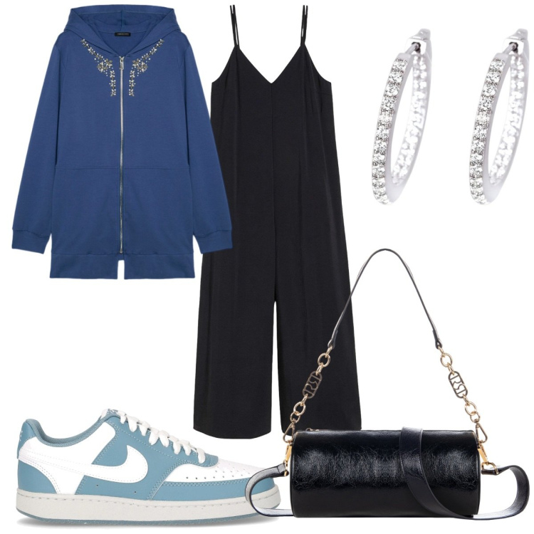 Outfit donna - Jumpsuit sporty- chic. Stile Trendy per Tutti i giorni. Abbinamento con tute, orecchini, borse a mano, felpe con cappuccio, sneakers.