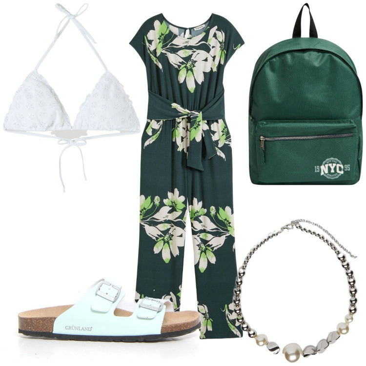 Outfit donna - Jumpsuit per le vacanze. Stile Trendy per Mare. Abbinamento con tute, bikini, zaini, collane, ciabatte.