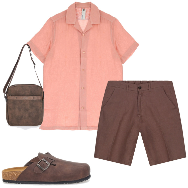 Outfit uomo - In vacanza. Stile Casual per Mare. Abbinamento con camicie a manica corta, portafogli, sandali, bermuda.