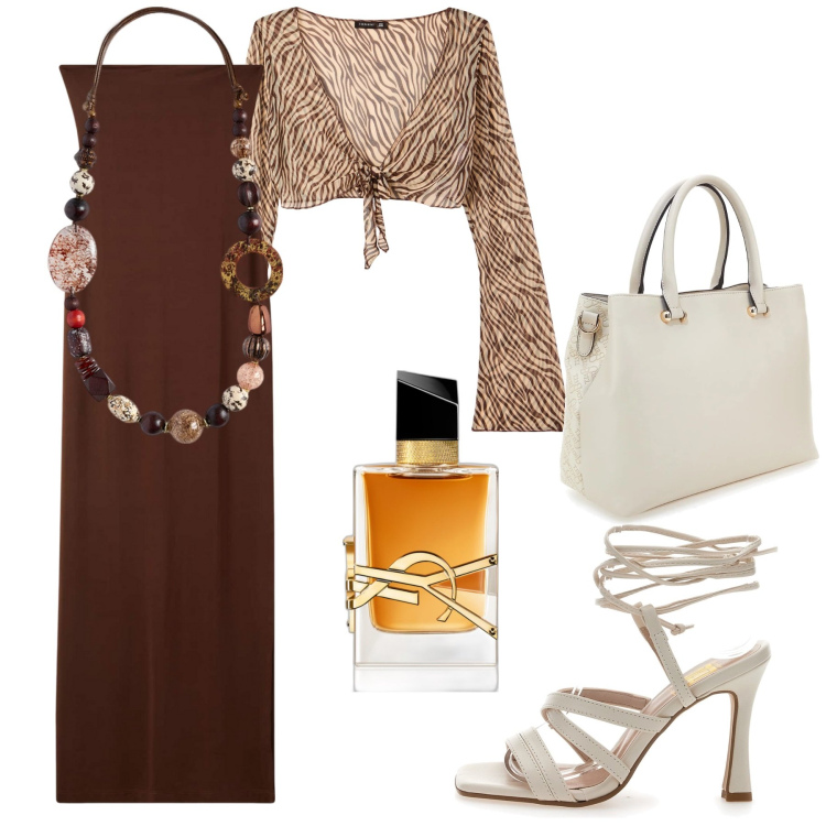Outfit donna - Anniversario. Stile Vintage retrò per Cerimonia. Abbinamento con profumi, vestiti lunghi, bolero, sandali col tacco, collane, borse a tracolla.