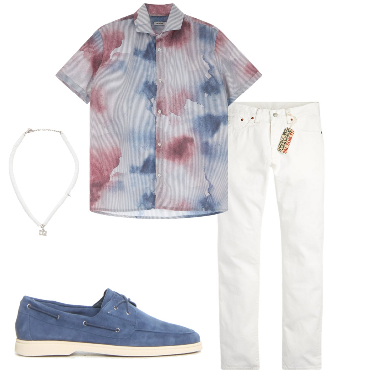 Outfit uomo - Serata aperitivo. Stile Casual per Serata speciale. Abbinamento con collane, camicie a manica corta, jeans slim fit, scarpe stringate.