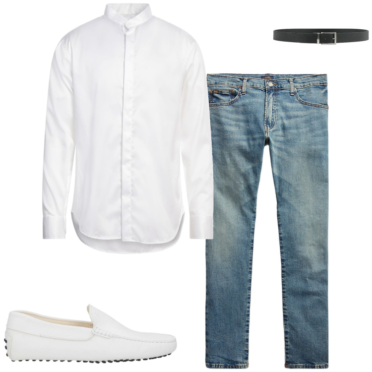 Outfit uomo - La camicia bianca. Stile Trendy per Serata speciale. Abbinamento con cinture, scarpe stringate, camicie, jeans.