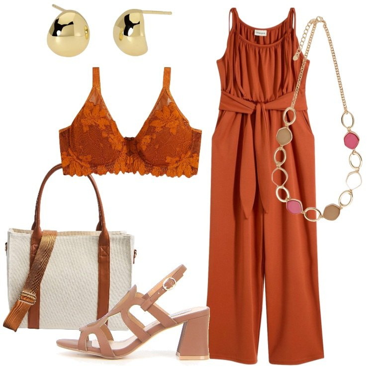 Outfit donna - Jumpsuit fluida da giorno. Stile Casual chic per Tutti i giorni. Abbinamento con reggiseni, tute, shopping bag, orecchini, collane, sandali col tacco.