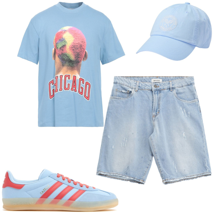 Outfit uomo - Sognando Chicago. Stile Casual per Tutti i giorni. Abbinamento con t-shirt, bermuda, cappelli, sneakers.