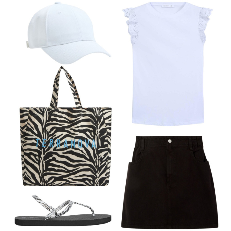 Outfit donna - Una zebra in vacanza. Stile Basic per Tutti i giorni. Abbinamento con cappelli, borse tote, t-shirt, minigonne, sandali.