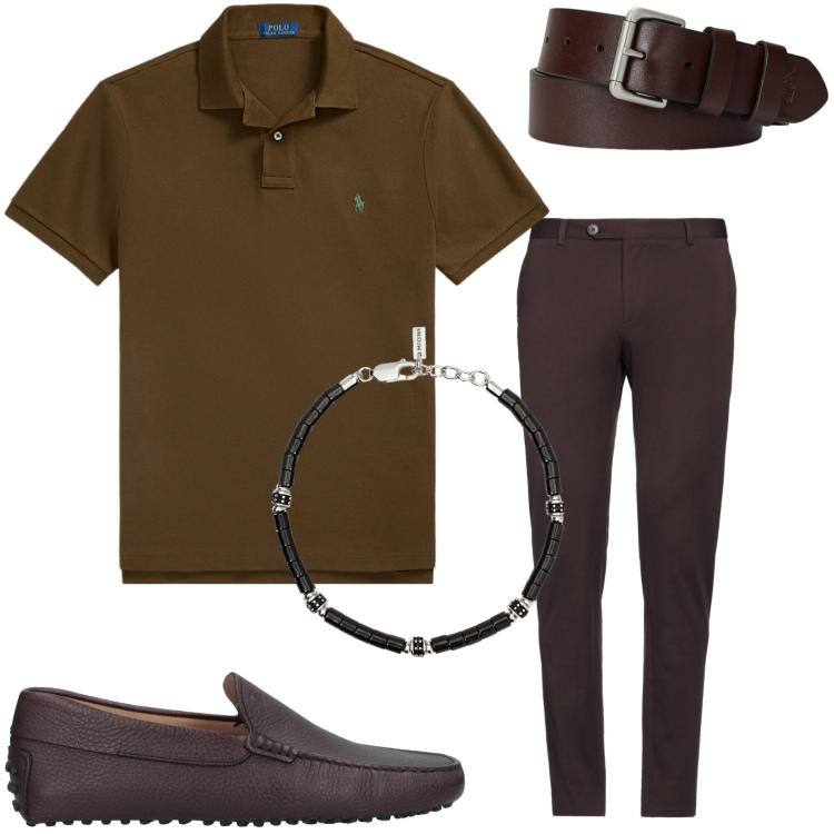 Outfit uomo - In città. Stile Urban per Ufficio. Abbinamento con scarpe stringate, pantaloni, braccialetti, cinture, polo.