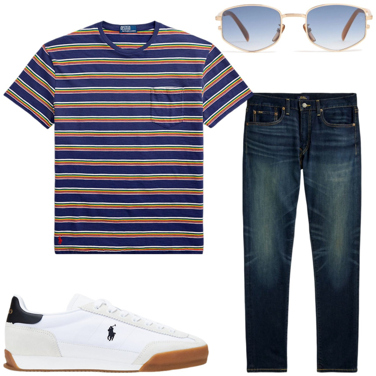 Outfit uomo - Casual style. Stile Casual per Tutti i giorni. Abbinamento con jeans, sneakers, t-shirt, occhiali da sole.