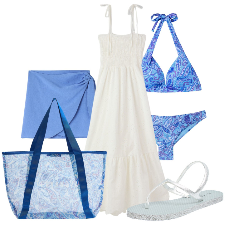 Outfit donna - Total look #2196061. Stile Romantica per Mare. Abbinamento con bikini, sandali, vestiti da spiaggia, bikini, vestiti midi/longuette, shopping bag.