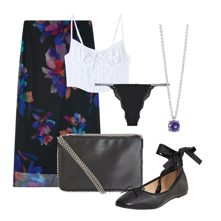 Outfit donna - Vacanze sarde. Stile Etnico per Tutti i giorni. Abbinamento con gonne lunghe, top, borse a tracolla, ballerine, culotte, collane.