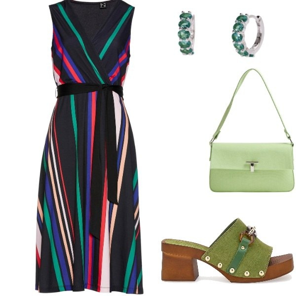 Outfit donna - Outifit di luglio. Stile Casual per Tutti i giorni. Abbinamento con vestiti, borse a spalla, orecchini, zoccoli.