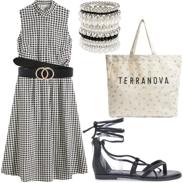 Outfit donna - Outifit di luglio. Stile Casual per Tutti i giorni. Abbinamento con braccialetti, vestiti, cinture, shopping bag, sandali alla schiava.