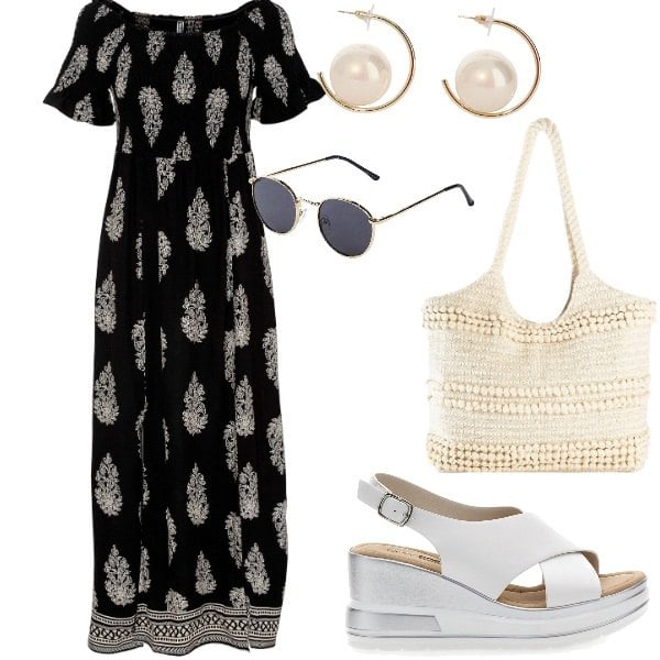 Outfit donna - Outifit di luglio. Stile Casual per Tutti i giorni. Abbinamento con shopping bag, occhiali da sole, vestiti, orecchini, sandali.