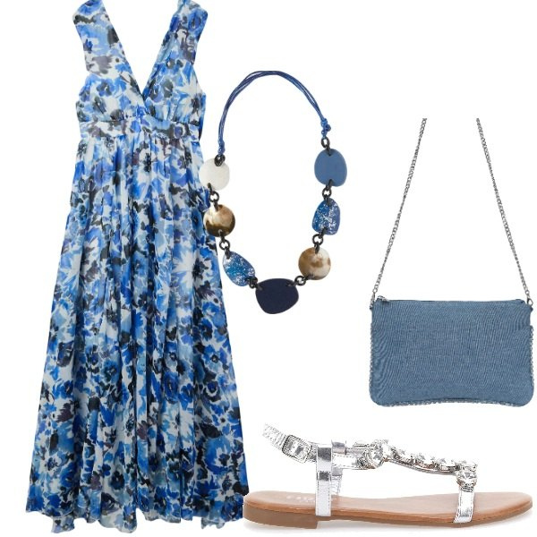 Outfit donna - Serata tra amici. Stile Casual chic per Serata fuori. Abbinamento con vestiti lunghi, borse a tracolla, sandali gioiello, collane.