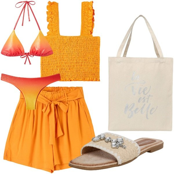 Outfit donna - un caldo arancione. Stile Casual per Mare. Abbinamento con shorts, ciabatte, borse tote, top, bikini, bikini.