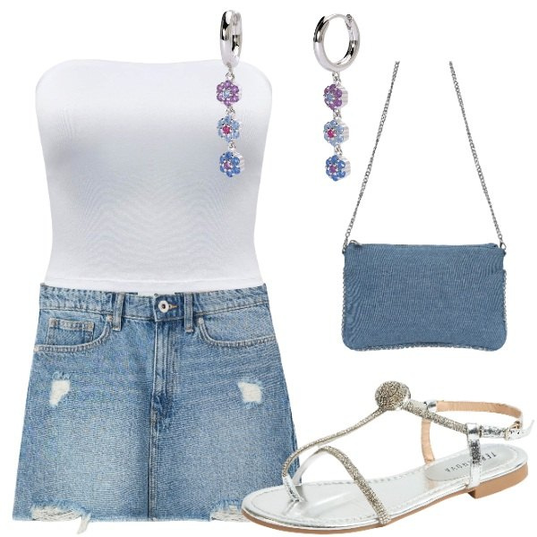 Outfit donna - un salto in balera. Stile Casual per Serata fuori. Abbinamento con minigonne, borse a tracolla, ciabatte, top, orecchini.