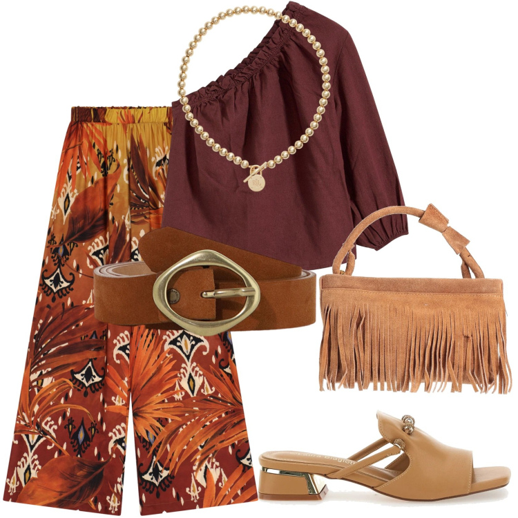 Outfit donna - La blusa monospalla. Stile Etnico per Tutti i giorni. Abbinamento con bluse, borse a mano, pantaloni a palazzo, cinture, collane, ciabatte.