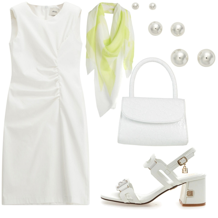 Outfit donna - Splendente in bianco. Stile Bon Ton per Tutti i giorni. Abbinamento con borse a mano, sciarpe, vestiti midi/longuette, orecchini, sandali col tacco.