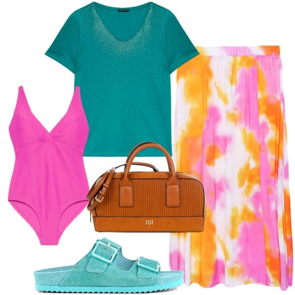 Outfit donna - Colori vivaci e tropicali. Stile Casual chic per Tutti i giorni. Abbinamento con borse a mano, gonne lunghe, sandali, t-shirt, costumi interi.