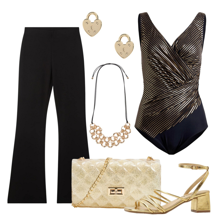 Outfit donna - Party beach. Stile Chic per Tutti i giorni. Abbinamento con sandali col tacco, costumi interi, borse a tracolla, pantaloni, orecchini, collane.