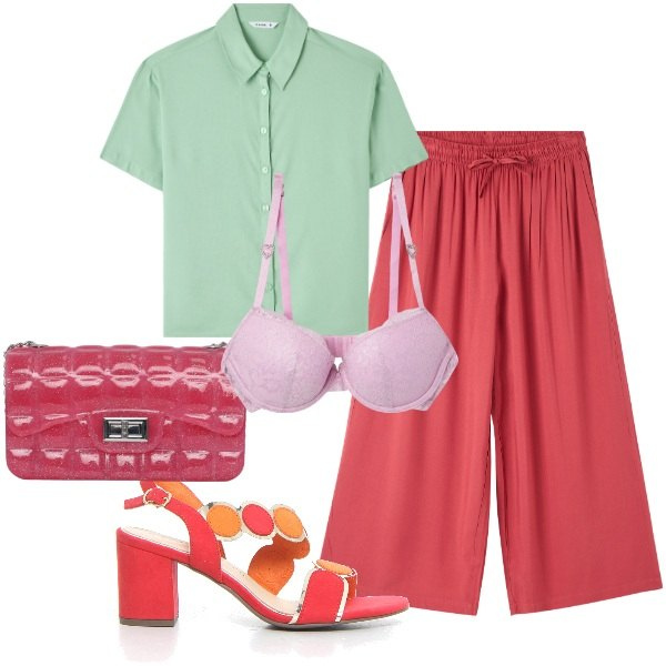 Outfit donna - Colori vivaci e tropicali - FDCI. Stile Minimal per Tutti i giorni. Abbinamento con pantaloni a palazzo, camicie a manica corta, borse a tracolla, reggiseni push-up, sandali col tacco.