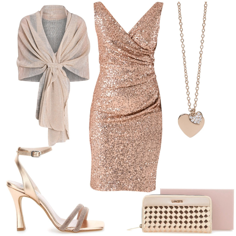 Outfit donna - Eventi serali importanti. Stile Glamour per Serata fuori. Abbinamento con ciondoli, vestiti a tubino, stole, sandali col tacco, portafogli.