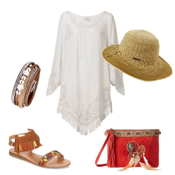 Outfit donna - Passeggiata lungo mare. Stile Etnico per Mare. look ideale per Petite. Abbinamento con vestiti da spiaggia, bracciale con perle marrone, sandali marrone, shopping bag rosso, cuffia.
