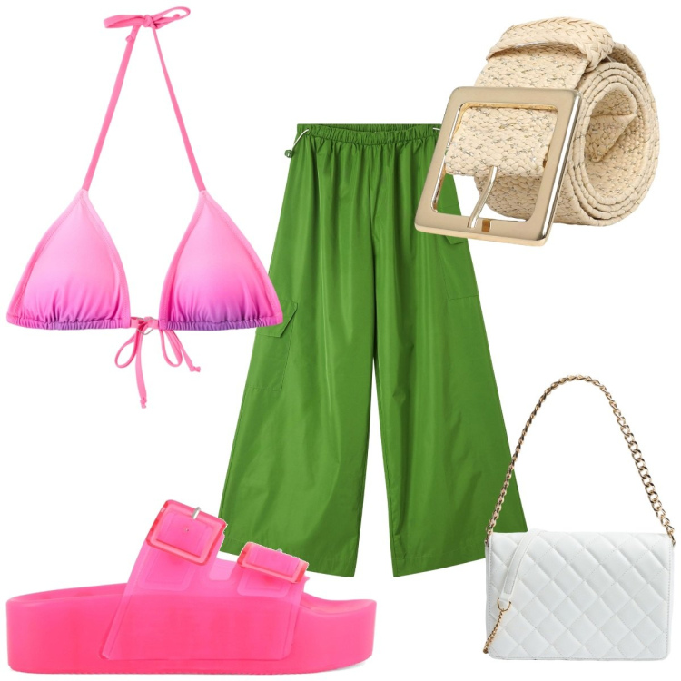 Outfit donna - Fucsia e verde tropicali. Stile Trendy per Mare. Abbinamento con pantaloni cargo, bikini, borse a tracolla, cinture, sandali.