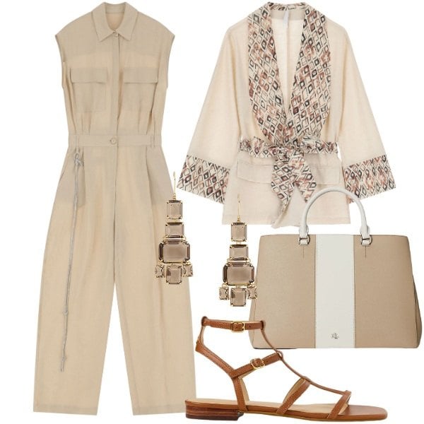 Outfit donna - Imperial - Summer Sale SS 25. Stile Chic per Ufficio. Abbinamento con tute, blazer, borse a mano, sandali, orecchini.