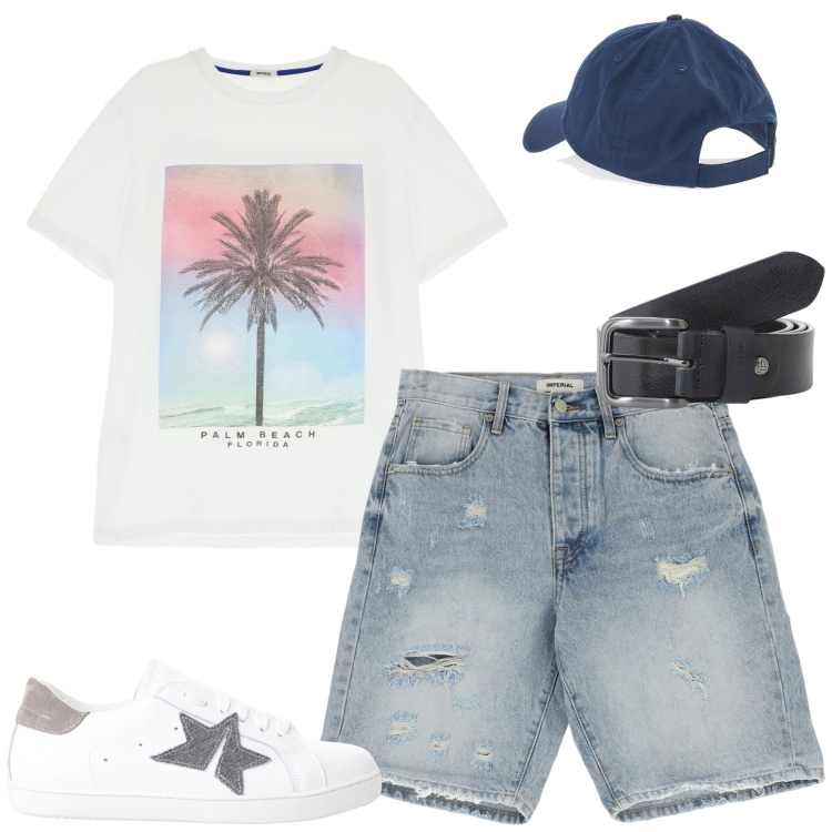 Outfit uomo - Weekend. Stile Casual per Tutti i giorni. Abbinamento con cinture, sneakers, bermuda, t-shirt, cappelli.