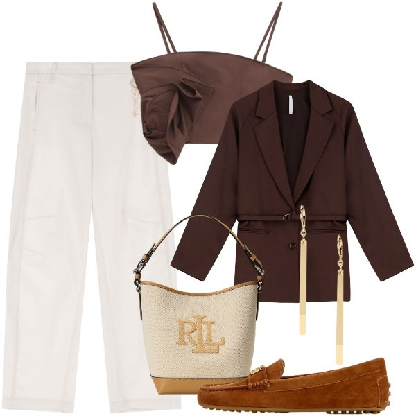 Outfit donna - Imperial - Summer Sasle SS25. Stile Chic per Ufficio. Abbinamento con top, pantaloni, blazer, mocassini, orecchini, borse a secchiello.