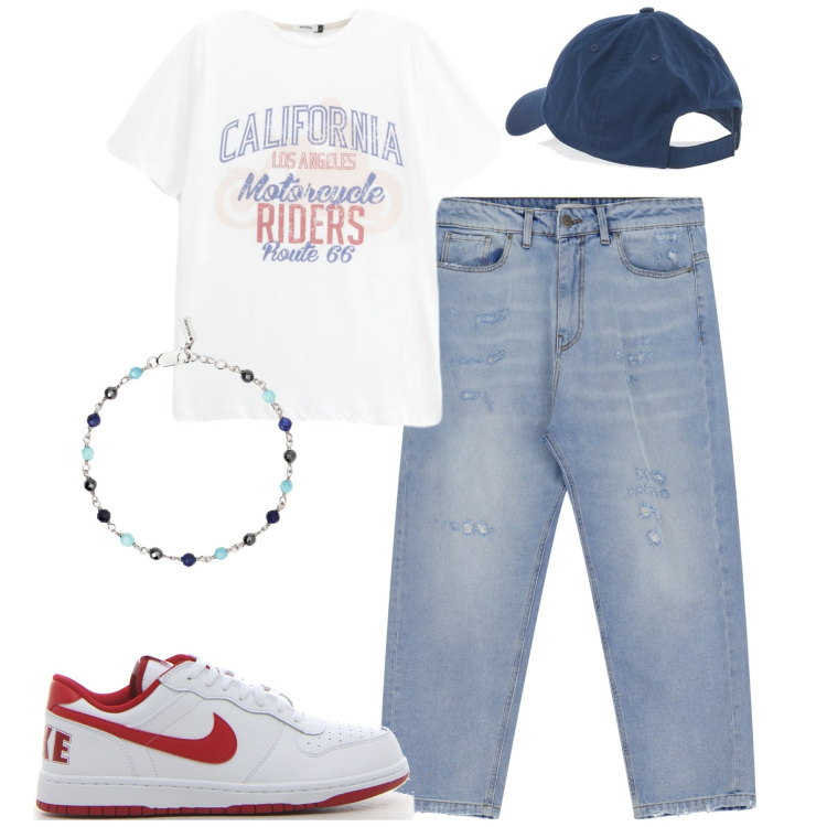Outfit uomo - Luglio. Stile Casual per Tutti i giorni. Abbinamento con braccialetti, t-shirt, jeans, cappelli, sneakers.
